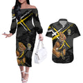 Richmond Football Club Couples Matching Off The Shoulder Long Sleeve Dress and Hawaiian Shirt Tigers Muscular Mascot Graphic - Abstract Paint Splatter Art