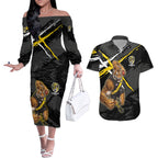 Richmond Football Club Couples Matching Off The Shoulder Long Sleeve Dress and Hawaiian Shirt Tigers Muscular Mascot Graphic - Abstract Paint Splatter Art
