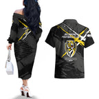 Richmond Football Club Couples Matching Off The Shoulder Long Sleeve Dress and Hawaiian Shirt Tigers Muscular Mascot Graphic - Abstract Paint Splatter Art