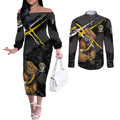 Richmond Football Club Couples Matching Off The Shoulder Long Sleeve Dress and Long Sleeve Button Shirt Tigers Muscular Mascot Graphic - Abstract Paint Splatter Art