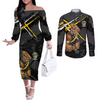 Richmond Football Club Couples Matching Off The Shoulder Long Sleeve Dress and Long Sleeve Button Shirt Tigers Muscular Mascot Graphic - Abstract Paint Splatter Art