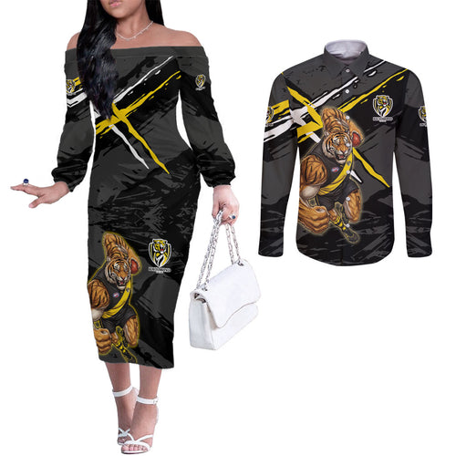 Richmond Football Club Couples Matching Off The Shoulder Long Sleeve Dress and Long Sleeve Button Shirt Tigers Muscular Mascot Graphic - Abstract Paint Splatter Art