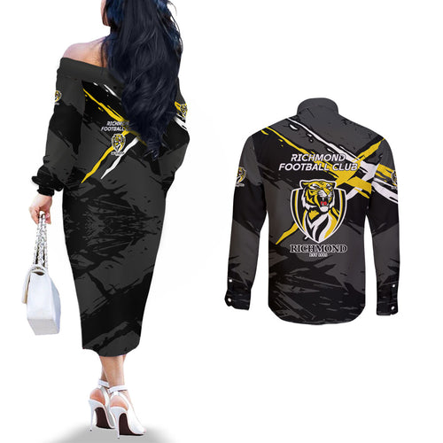 Richmond Football Club Couples Matching Off The Shoulder Long Sleeve Dress and Long Sleeve Button Shirt Tigers Muscular Mascot Graphic - Abstract Paint Splatter Art