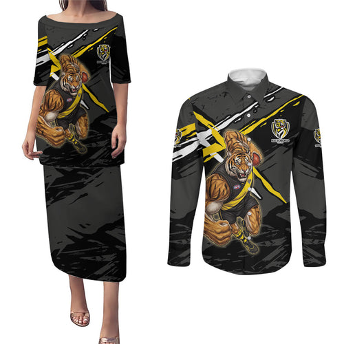 Richmond Football Club Couples Matching Puletasi and Long Sleeve Button Shirt Tigers Muscular Mascot Graphic - Abstract Paint Splatter Art