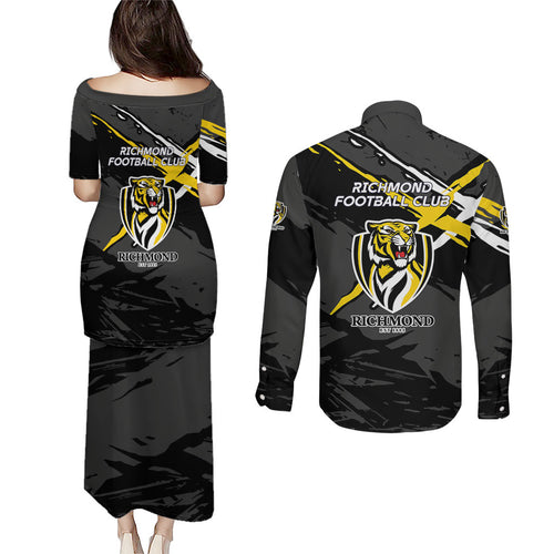 Richmond Football Club Couples Matching Puletasi and Long Sleeve Button Shirt Tigers Muscular Mascot Graphic - Abstract Paint Splatter Art