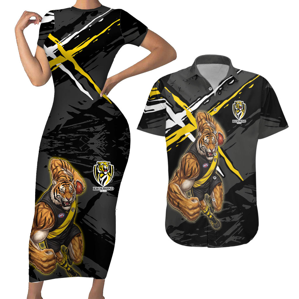 Richmond Football Club Couples Matching Short Sleeve Bodycon Dress and Hawaiian Shirt Tigers Muscular Mascot Graphic - Abstract Paint Splatter Art