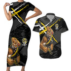 Richmond Football Club Couples Matching Short Sleeve Bodycon Dress and Hawaiian Shirt Tigers Muscular Mascot Graphic - Abstract Paint Splatter Art