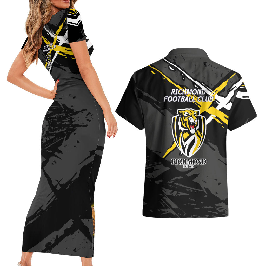 Richmond Football Club Couples Matching Short Sleeve Bodycon Dress and Hawaiian Shirt Tigers Muscular Mascot Graphic - Abstract Paint Splatter Art