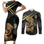 Richmond Football Club Couples Matching Short Sleeve Bodycon Dress and Long Sleeve Button Shirt Tigers Muscular Mascot Graphic - Abstract Paint Splatter Art