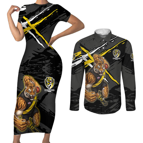Richmond Football Club Couples Matching Short Sleeve Bodycon Dress and Long Sleeve Button Shirt Tigers Muscular Mascot Graphic - Abstract Paint Splatter Art