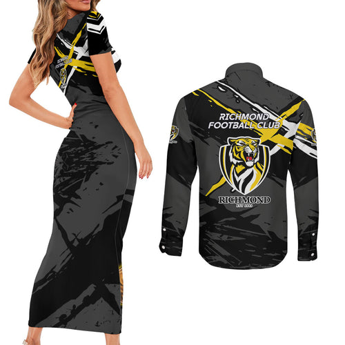 Richmond Football Club Couples Matching Short Sleeve Bodycon Dress and Long Sleeve Button Shirt Tigers Muscular Mascot Graphic - Abstract Paint Splatter Art