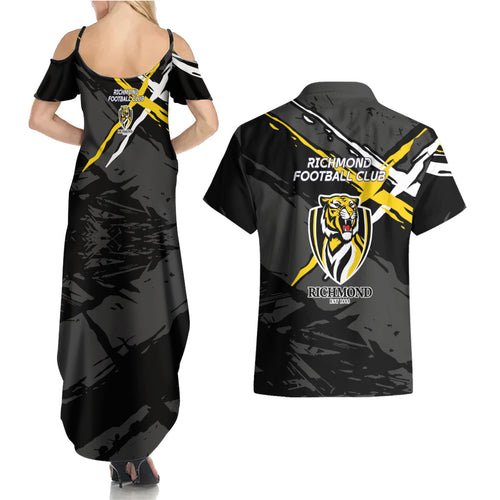 Richmond Football Club Couples Matching Summer Maxi Dress and Hawaiian Shirt Tigers Muscular Mascot Graphic - Abstract Paint Splatter Art