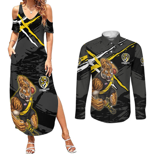 Richmond Football Club Couples Matching Summer Maxi Dress and Long Sleeve Button Shirt Tigers Muscular Mascot Graphic - Abstract Paint Splatter Art