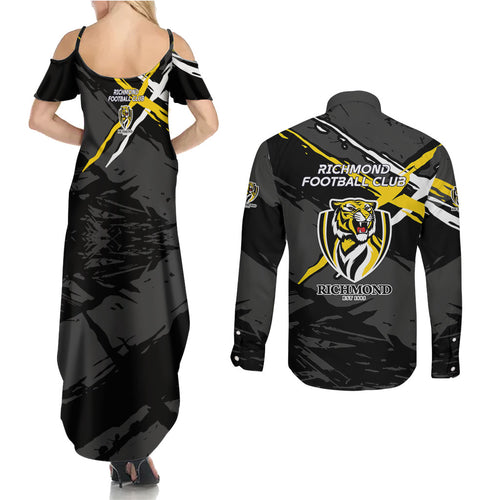 Richmond Football Club Couples Matching Summer Maxi Dress and Long Sleeve Button Shirt Tigers Muscular Mascot Graphic - Abstract Paint Splatter Art