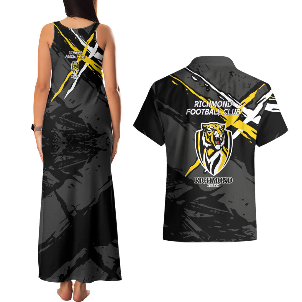 Richmond Football Club Couples Matching Tank Maxi Dress and Hawaiian Shirt Tigers Muscular Mascot Graphic - Abstract Paint Splatter Art