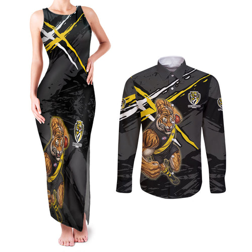 Richmond Football Club Couples Matching Tank Maxi Dress and Long Sleeve Button Shirt Tigers Muscular Mascot Graphic - Abstract Paint Splatter Art
