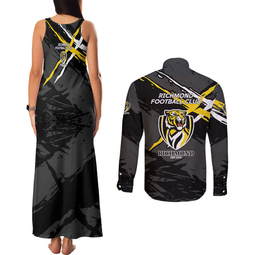 Richmond Football Club Couples Matching Tank Maxi Dress and Long Sleeve Button Shirt Tigers Muscular Mascot Graphic - Abstract Paint Splatter Art