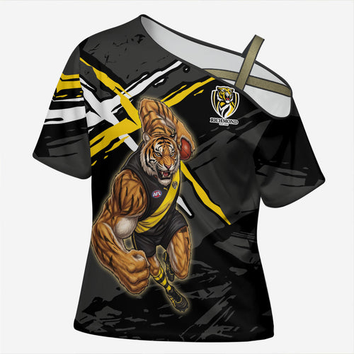 Richmond Football Club Cross Shoulder Shirt Tigers Muscular Mascot Graphic - Abstract Paint Splatter Art