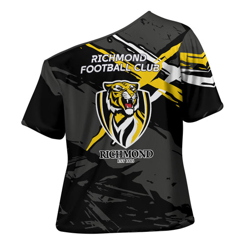 Richmond Football Club Cross Shoulder Shirt Tigers Muscular Mascot Graphic - Abstract Paint Splatter Art