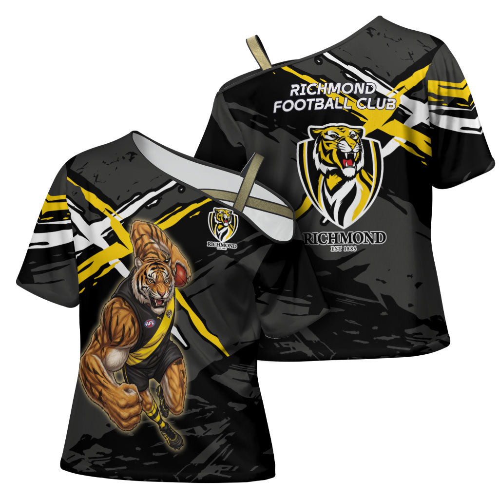 Richmond Football Club Cross Shoulder Shirt Tigers Muscular Mascot Graphic - Abstract Paint Splatter Art