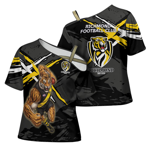 Richmond Football Club Cross Shoulder Shirt Tigers Muscular Mascot Graphic - Abstract Paint Splatter Art