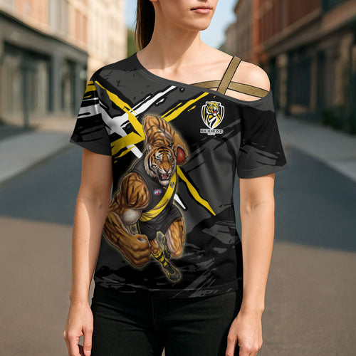 Richmond Football Club Cross Shoulder Shirt Tigers Muscular Mascot Graphic - Abstract Paint Splatter Art