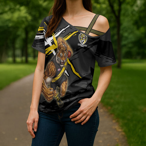 Richmond Football Club Cross Shoulder Shirt Tigers Muscular Mascot Graphic - Abstract Paint Splatter Art