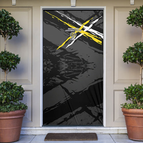 Richmond Football Club Door Cover Tigers Muscular Mascot Graphic - Abstract Paint Splatter Art