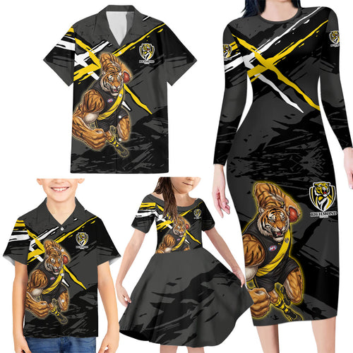Richmond Football Club Family Matching Long Sleeve Bodycon Dress and Hawaiian Shirt Tigers Muscular Mascot Graphic - Abstract Paint Splatter Art