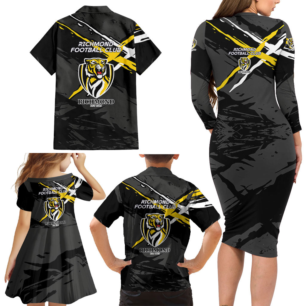 Richmond Football Club Family Matching Long Sleeve Bodycon Dress and Hawaiian Shirt Tigers Muscular Mascot Graphic - Abstract Paint Splatter Art