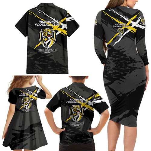 Richmond Football Club Family Matching Long Sleeve Bodycon Dress and Hawaiian Shirt Tigers Muscular Mascot Graphic - Abstract Paint Splatter Art