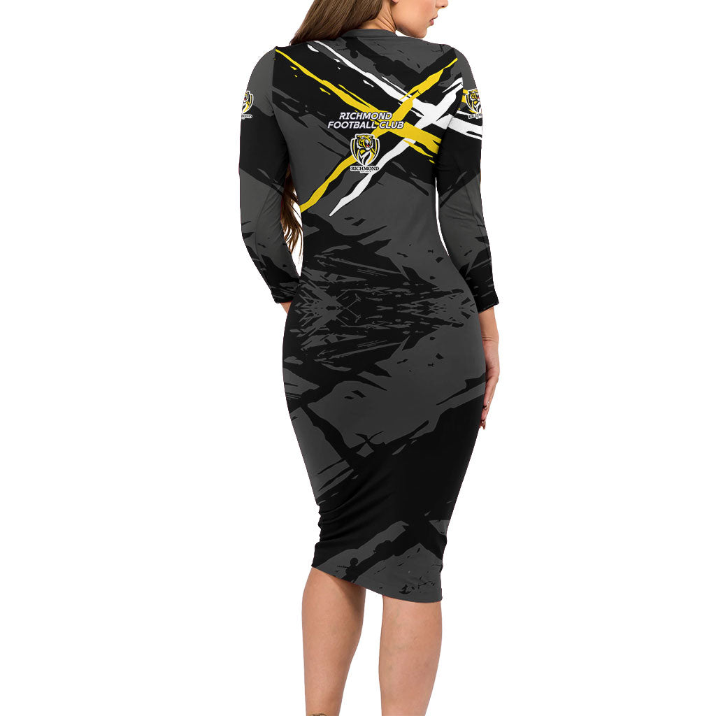 Richmond Football Club Family Matching Long Sleeve Bodycon Dress and Hawaiian Shirt Tigers Muscular Mascot Graphic - Abstract Paint Splatter Art