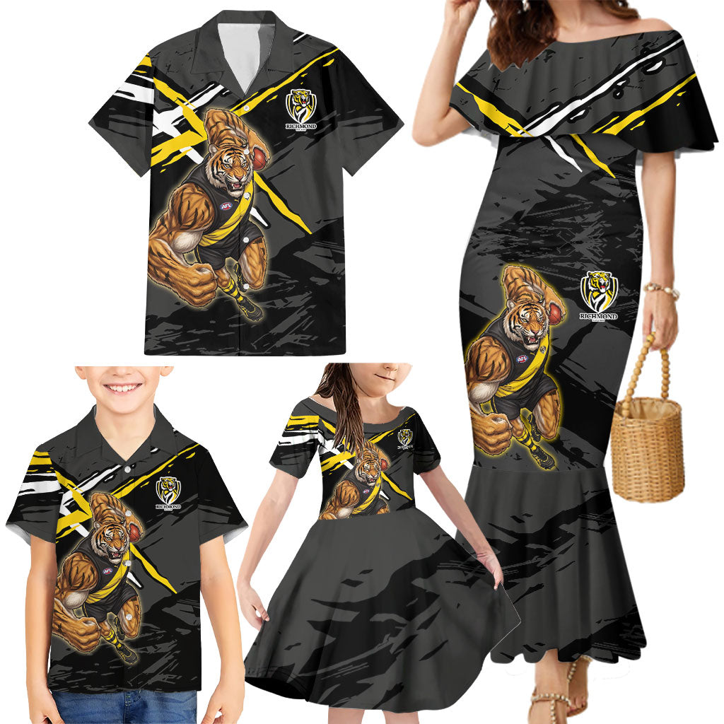 Richmond Football Club Family Matching Mermaid Dress and Hawaiian Shirt Tigers Muscular Mascot Graphic - Abstract Paint Splatter Art