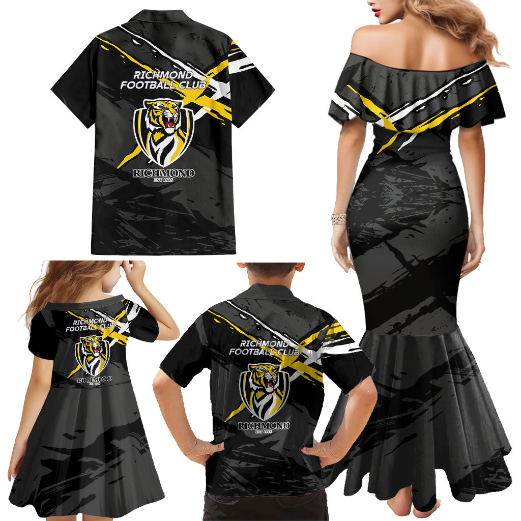 Richmond Football Club Family Matching Mermaid Dress and Hawaiian Shirt Tigers Muscular Mascot Graphic - Abstract Paint Splatter Art