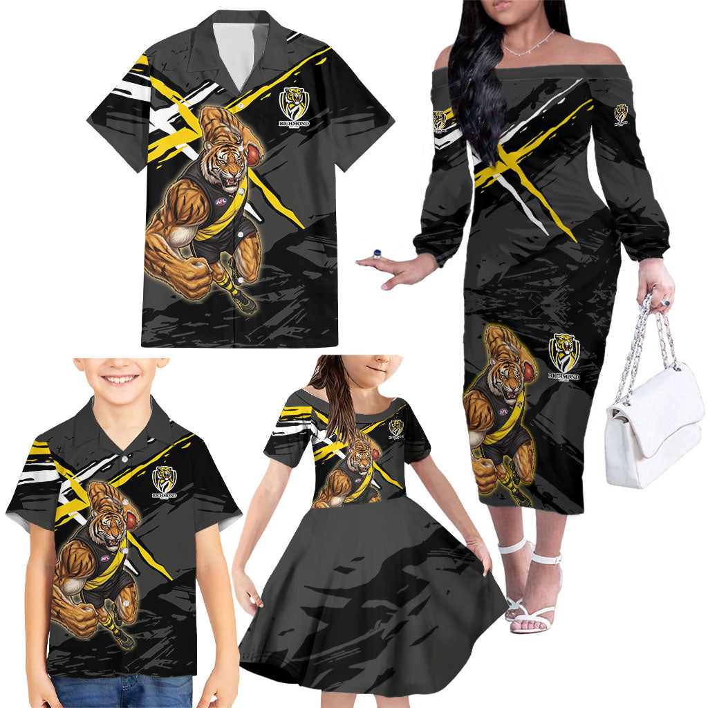 Richmond Football Club Family Matching Off The Shoulder Long Sleeve Dress and Hawaiian Shirt Tigers Muscular Mascot Graphic - Abstract Paint Splatter Art