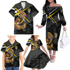 Richmond Football Club Family Matching Off The Shoulder Long Sleeve Dress and Hawaiian Shirt Tigers Muscular Mascot Graphic - Abstract Paint Splatter Art