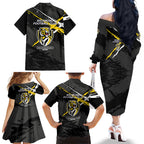 Richmond Football Club Family Matching Off The Shoulder Long Sleeve Dress and Hawaiian Shirt Tigers Muscular Mascot Graphic - Abstract Paint Splatter Art