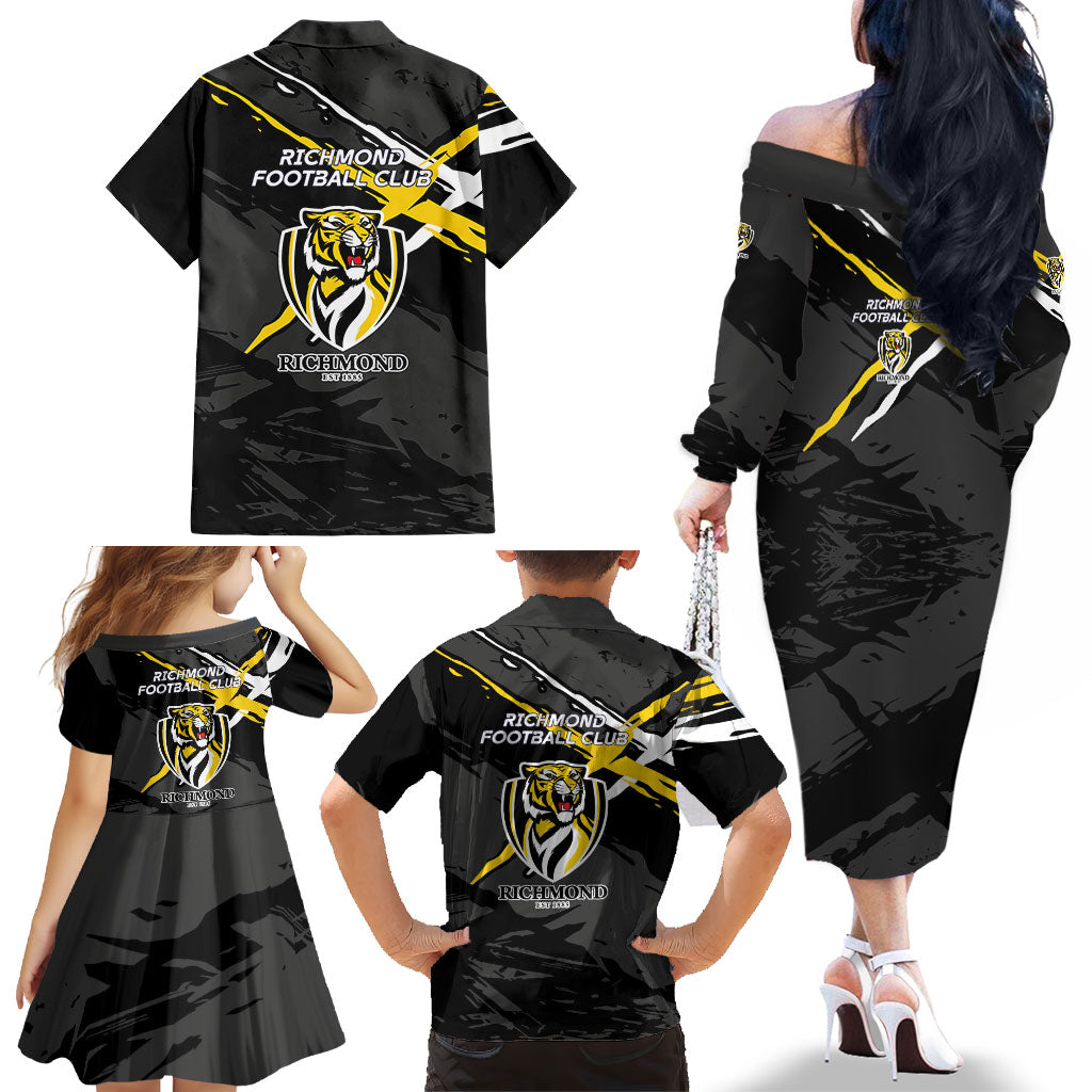 Richmond Football Club Family Matching Off The Shoulder Long Sleeve Dress and Hawaiian Shirt Tigers Muscular Mascot Graphic - Abstract Paint Splatter Art