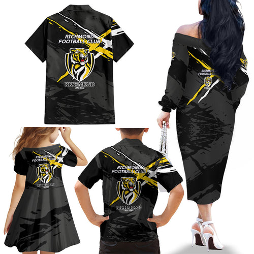 Richmond Football Club Family Matching Off The Shoulder Long Sleeve Dress and Hawaiian Shirt Tigers Muscular Mascot Graphic - Abstract Paint Splatter Art