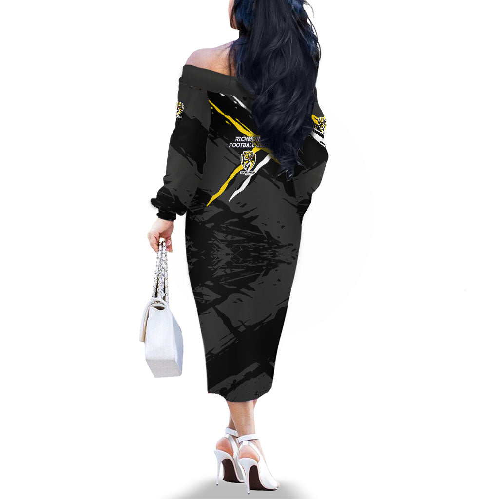 Richmond Football Club Family Matching Off The Shoulder Long Sleeve Dress and Hawaiian Shirt Tigers Muscular Mascot Graphic - Abstract Paint Splatter Art