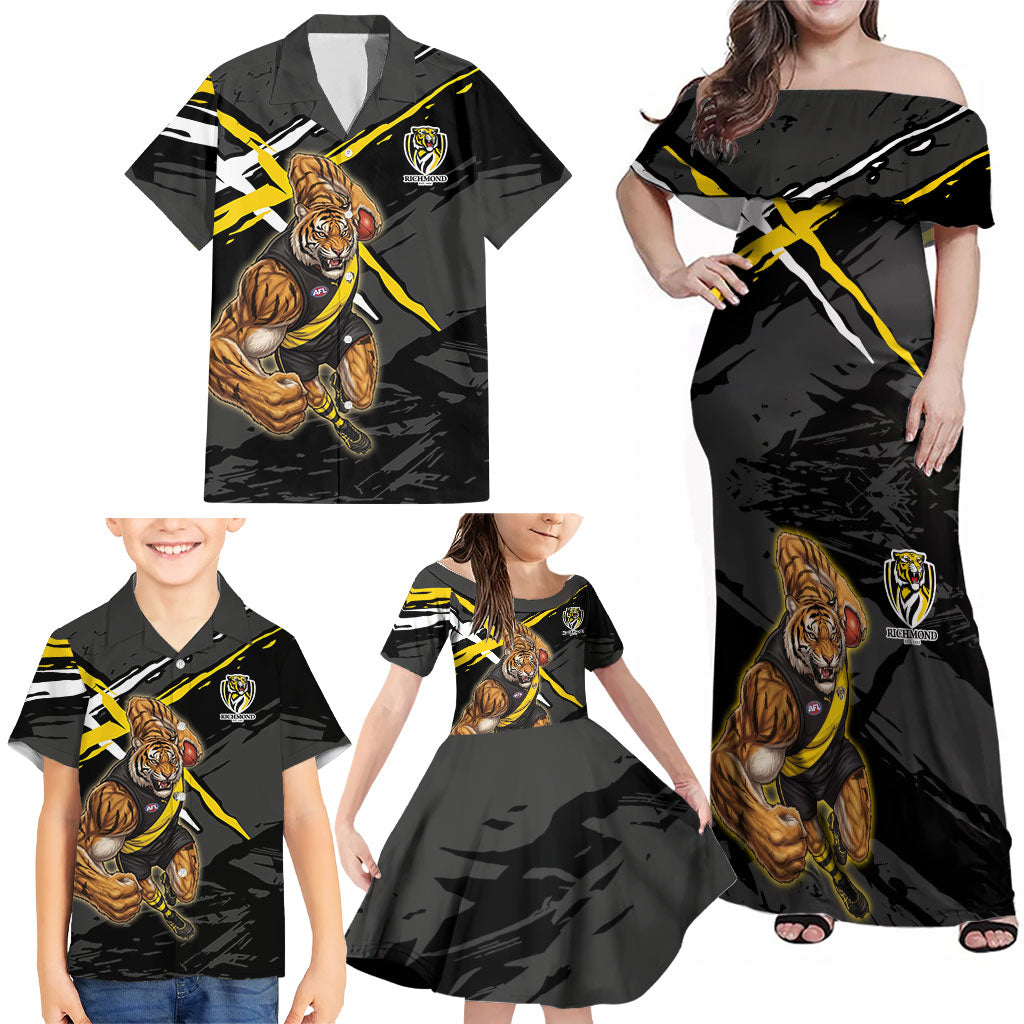 Richmond Football Club Family Matching Off Shoulder Maxi Dress and Hawaiian Shirt Tigers Muscular Mascot Graphic - Abstract Paint Splatter Art