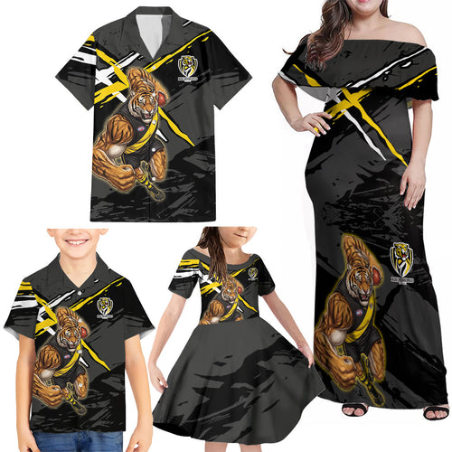 Richmond Football Club Family Matching Off Shoulder Maxi Dress and Hawaiian Shirt Tigers Muscular Mascot Graphic - Abstract Paint Splatter Art
