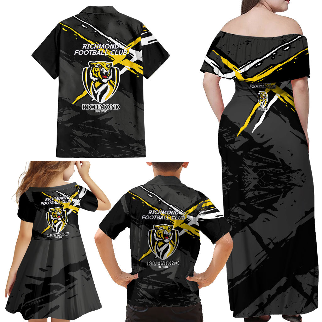 Richmond Football Club Family Matching Off Shoulder Maxi Dress and Hawaiian Shirt Tigers Muscular Mascot Graphic - Abstract Paint Splatter Art
