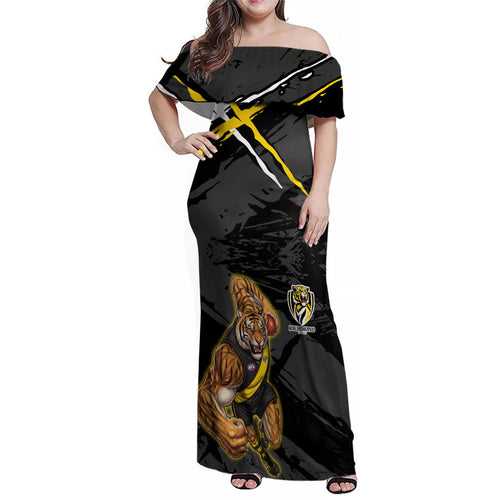Richmond Football Club Family Matching Off Shoulder Maxi Dress and Hawaiian Shirt Tigers Muscular Mascot Graphic - Abstract Paint Splatter Art