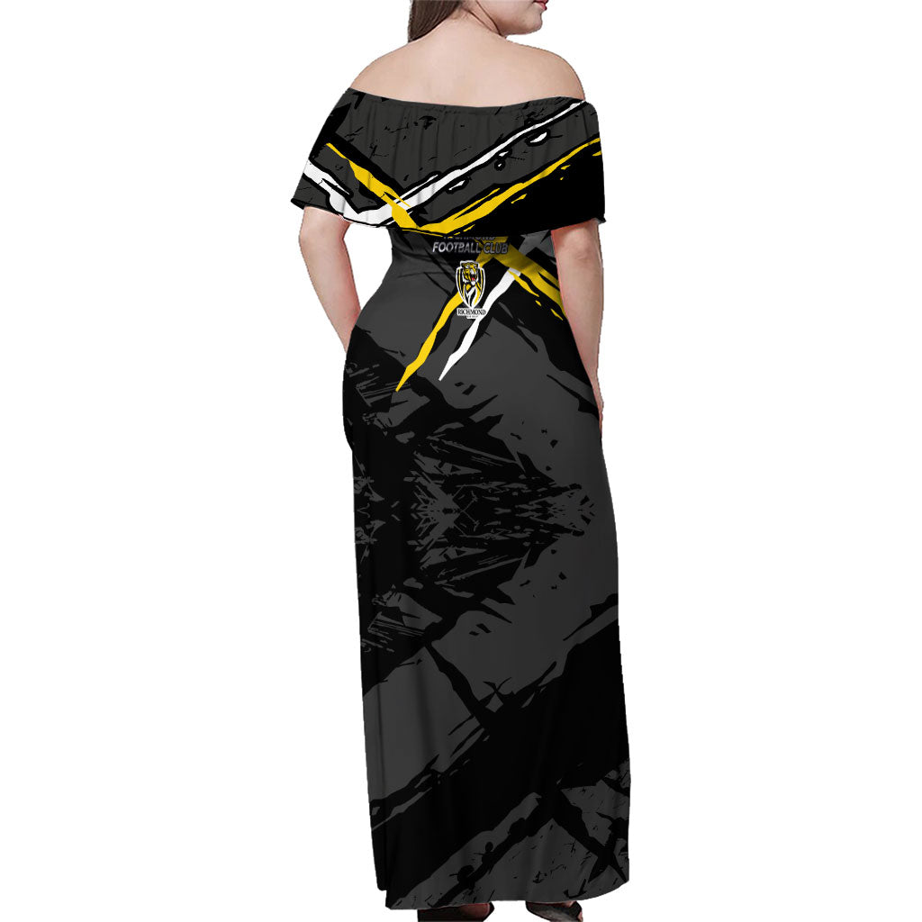 Richmond Football Club Family Matching Off Shoulder Maxi Dress and Hawaiian Shirt Tigers Muscular Mascot Graphic - Abstract Paint Splatter Art