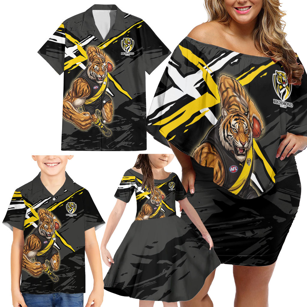 Richmond Football Club Family Matching Off Shoulder Short Dress and Hawaiian Shirt Tigers Muscular Mascot Graphic - Abstract Paint Splatter Art