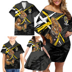 Richmond Football Club Family Matching Off Shoulder Short Dress and Hawaiian Shirt Tigers Muscular Mascot Graphic - Abstract Paint Splatter Art