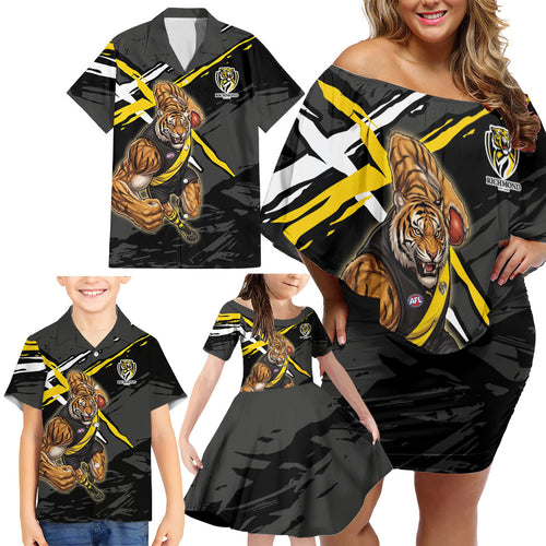 Richmond Football Club Family Matching Off Shoulder Short Dress and Hawaiian Shirt Tigers Muscular Mascot Graphic - Abstract Paint Splatter Art