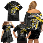 Richmond Football Club Family Matching Off Shoulder Short Dress and Hawaiian Shirt Tigers Muscular Mascot Graphic - Abstract Paint Splatter Art