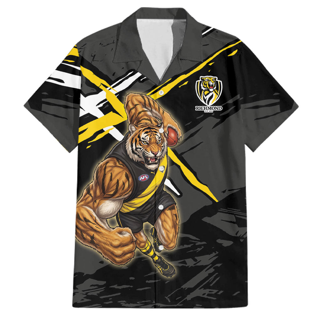 Richmond Football Club Family Matching Off Shoulder Short Dress and Hawaiian Shirt Tigers Muscular Mascot Graphic - Abstract Paint Splatter Art